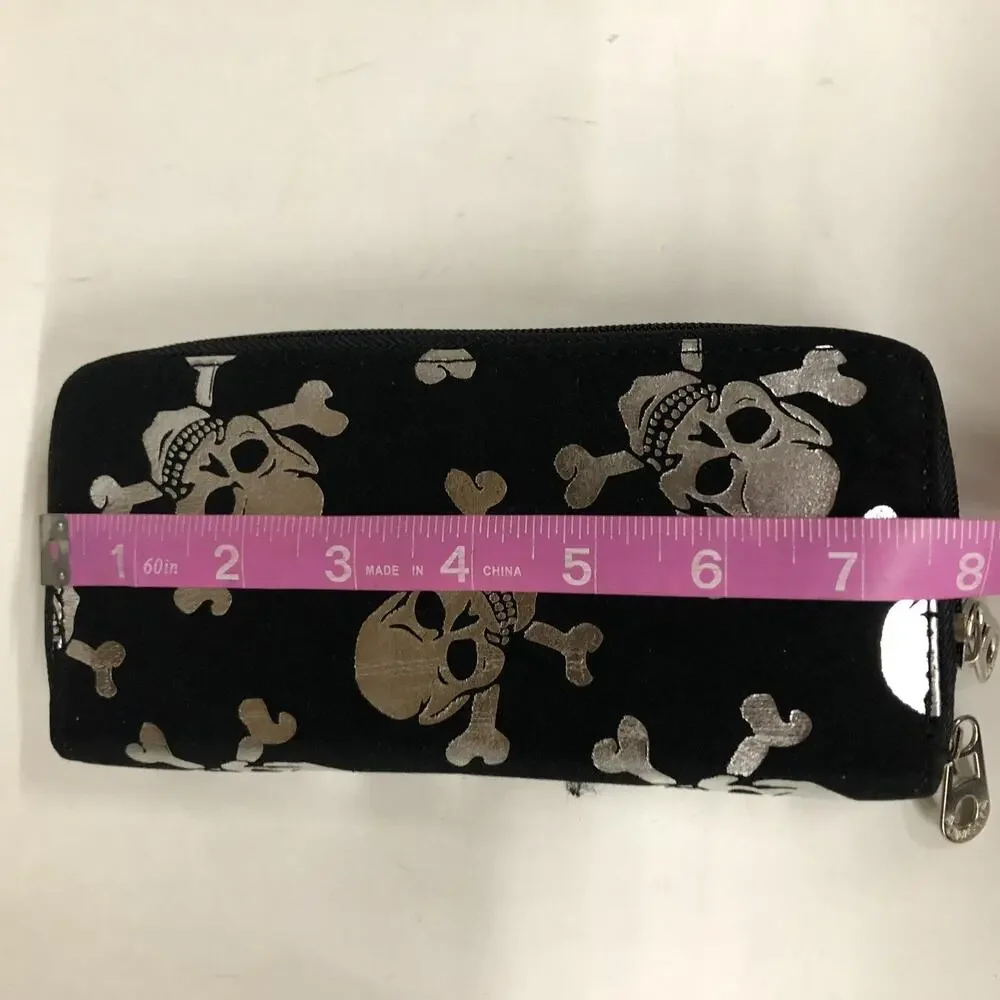 Black And White Skull Long Thick Bifold Wallet, 8x4x1.5”, 2 Compartment Dual Zip